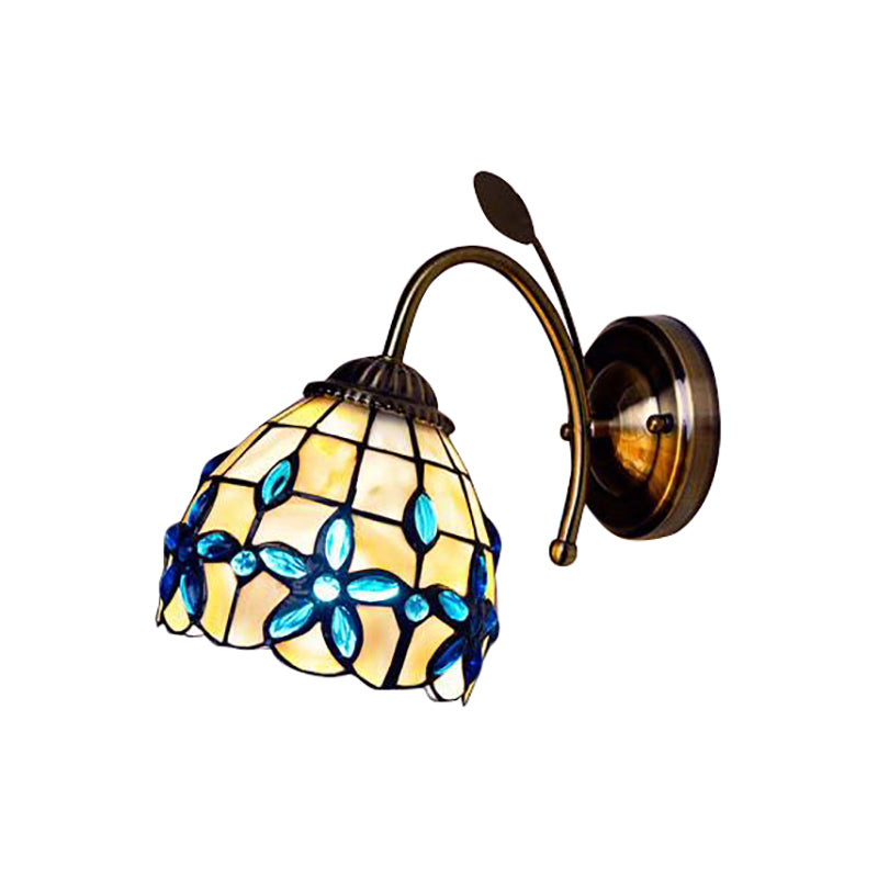 Shell Blossom Wall Light with Leaf Single Bulb Tiffany Wall Sconce for Study Room Clearhalo 'Art deco wall lights' 'Cast Iron' 'Glass' 'Industrial' 'Middle century wall lights' 'Modern' 'Tiffany wall lights' 'Tiffany' 'Traditional wall lights' 'Wall Lamps & Sconces' 'Wall Lights' Lighting' 184036