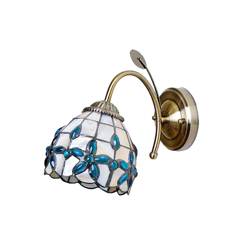 Shell Blossom Wall Light with Leaf Single Bulb Tiffany Wall Sconce for Study Room Clearhalo 'Art deco wall lights' 'Cast Iron' 'Glass' 'Industrial' 'Middle century wall lights' 'Modern' 'Tiffany wall lights' 'Tiffany' 'Traditional wall lights' 'Wall Lamps & Sconces' 'Wall Lights' Lighting' 184037