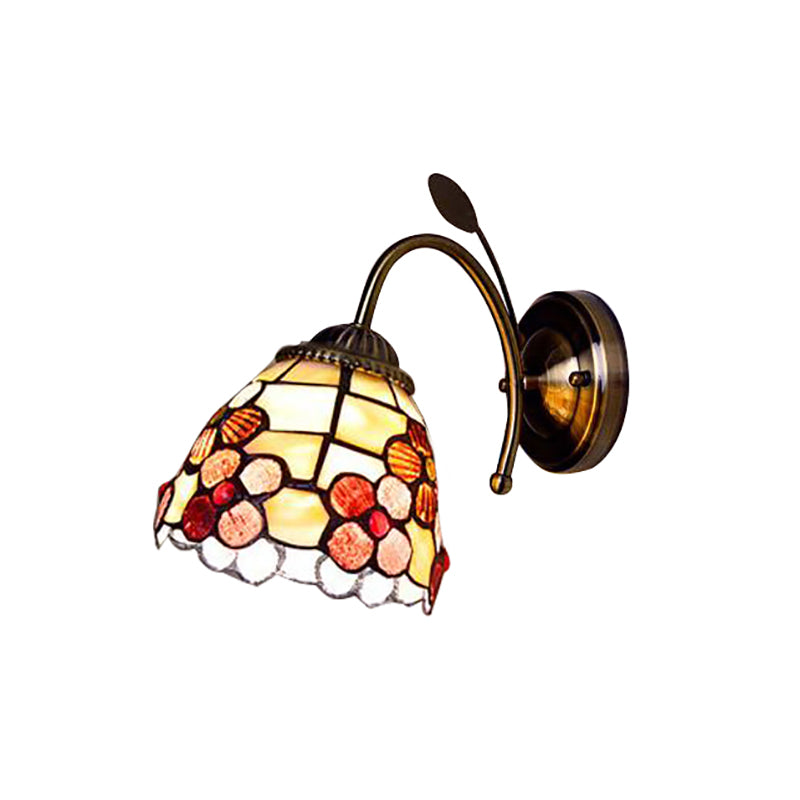 Shell Blossom Wall Light with Leaf Single Bulb Tiffany Wall Sconce for Study Room Clearhalo 'Art deco wall lights' 'Cast Iron' 'Glass' 'Industrial' 'Middle century wall lights' 'Modern' 'Tiffany wall lights' 'Tiffany' 'Traditional wall lights' 'Wall Lamps & Sconces' 'Wall Lights' Lighting' 184040