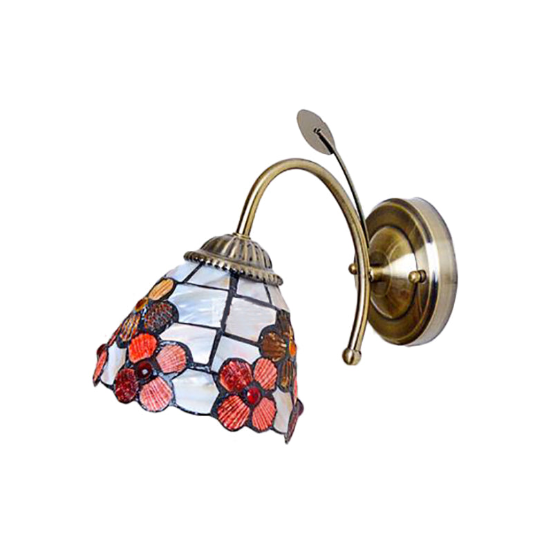Shell Blossom Wall Light with Leaf Single Bulb Tiffany Wall Sconce for Study Room Clearhalo 'Art deco wall lights' 'Cast Iron' 'Glass' 'Industrial' 'Middle century wall lights' 'Modern' 'Tiffany wall lights' 'Tiffany' 'Traditional wall lights' 'Wall Lamps & Sconces' 'Wall Lights' Lighting' 184041