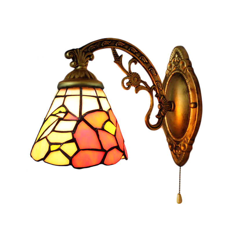 Dining Room Floral Wall Sconce Stained Glass One Light Tiffany Rustic Sconce Light in Antique Brass Clearhalo 'Industrial' 'Middle century wall lights' 'Tiffany wall lights' 'Tiffany' 'Wall Lamps & Sconces' 'Wall Lights' Lighting' 184054