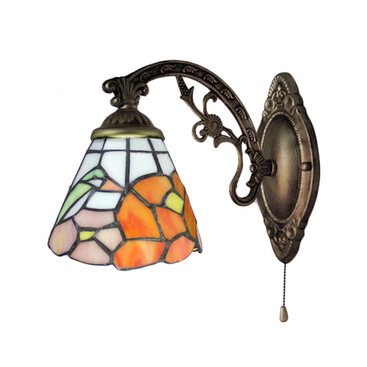 Dining Room Floral Wall Sconce Stained Glass One Light Tiffany Rustic Sconce Light in Antique Brass Clearhalo 'Industrial' 'Middle century wall lights' 'Tiffany wall lights' 'Tiffany' 'Wall Lamps & Sconces' 'Wall Lights' Lighting' 184055