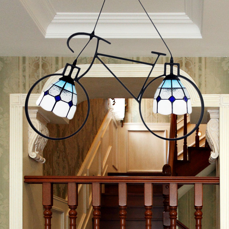 Metallic Bike Ceiling Pendant with Grid Dome Shade 2 Heads Tiffany Creative Hanging Light for Game Room Clearhalo 'Ceiling Lights' 'Industrial' 'Middle Century Pendants' 'Pendant Lights' 'Pendants' 'Tiffany close to ceiling' 'Tiffany Pendants' 'Tiffany' Lighting' 184102