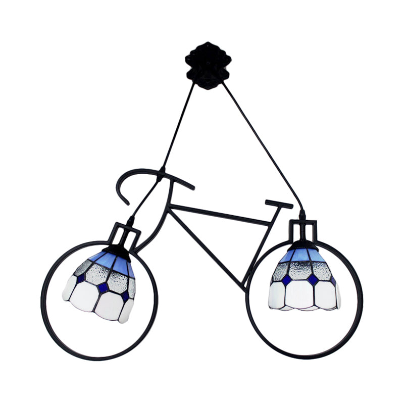 Metallic Bike Ceiling Pendant with Grid Dome Shade 2 Heads Tiffany Creative Hanging Light for Game Room Clearhalo 'Ceiling Lights' 'Industrial' 'Middle Century Pendants' 'Pendant Lights' 'Pendants' 'Tiffany close to ceiling' 'Tiffany Pendants' 'Tiffany' Lighting' 184106