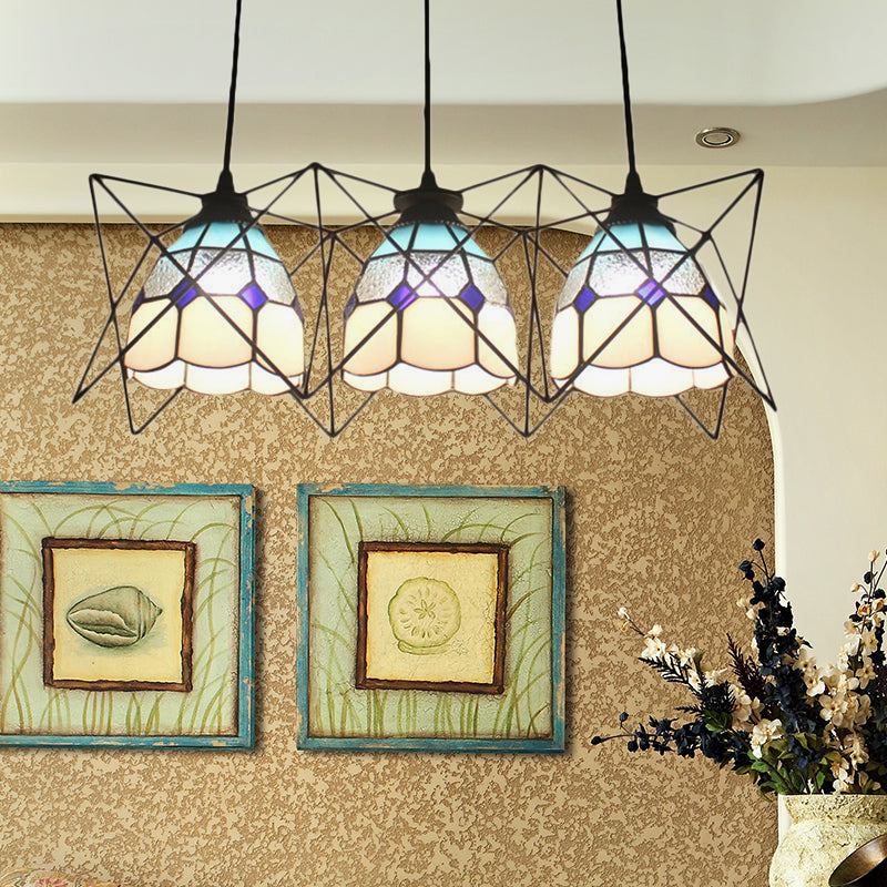 Kitchen Grid Bowl Pendant Light with Wire Frame Glass 3 Heads Tiffany Hanging Light Clearhalo 'Ceiling Lights' 'Industrial' 'Middle Century Pendants' 'Pendant Lights' 'Pendants' 'Tiffany close to ceiling' 'Tiffany Pendants' 'Tiffany' Lighting' 184133