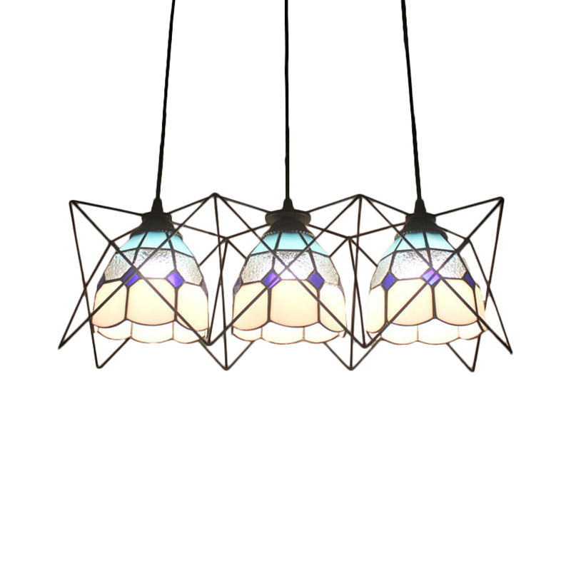 Kitchen Grid Bowl Pendant Light with Wire Frame Glass 3 Heads Tiffany Hanging Light Clearhalo 'Ceiling Lights' 'Industrial' 'Middle Century Pendants' 'Pendant Lights' 'Pendants' 'Tiffany close to ceiling' 'Tiffany Pendants' 'Tiffany' Lighting' 184134