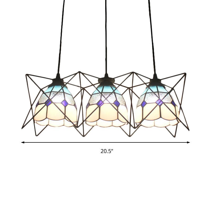 Kitchen Grid Bowl Pendant Light with Wire Frame Glass 3 Heads Tiffany Hanging Light Clearhalo 'Ceiling Lights' 'Industrial' 'Middle Century Pendants' 'Pendant Lights' 'Pendants' 'Tiffany close to ceiling' 'Tiffany Pendants' 'Tiffany' Lighting' 184135