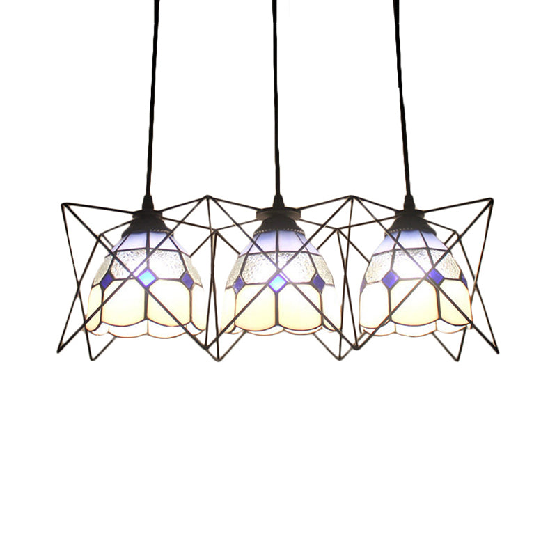 Kitchen Grid Bowl Pendant Light with Wire Frame Glass 3 Heads Tiffany Hanging Light Clearhalo 'Ceiling Lights' 'Industrial' 'Middle Century Pendants' 'Pendant Lights' 'Pendants' 'Tiffany close to ceiling' 'Tiffany Pendants' 'Tiffany' Lighting' 184137