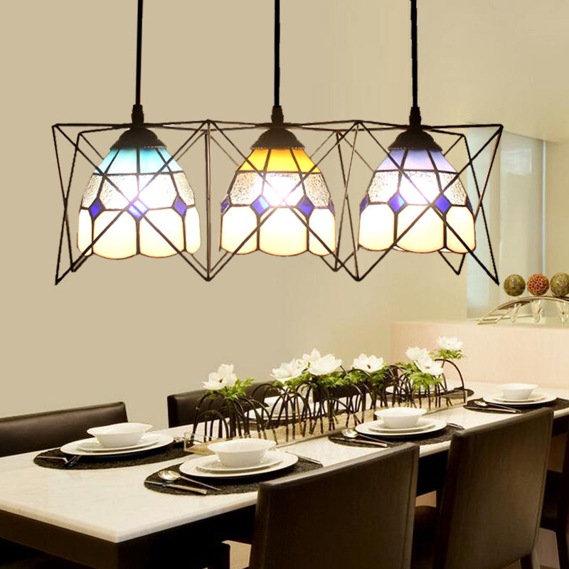 Kitchen Grid Bowl Pendant Light with Wire Frame Glass 3 Heads Tiffany Hanging Light Yellow-Blue Clearhalo 'Ceiling Lights' 'Industrial' 'Middle Century Pendants' 'Pendant Lights' 'Pendants' 'Tiffany close to ceiling' 'Tiffany Pendants' 'Tiffany' Lighting' 184138