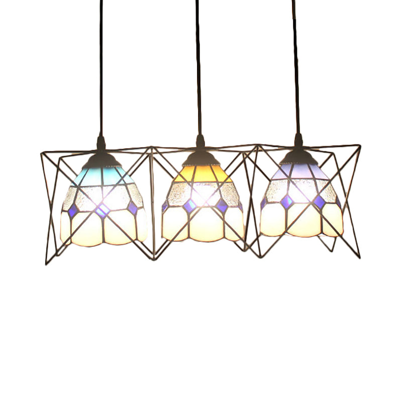Kitchen Grid Bowl Pendant Light with Wire Frame Glass 3 Heads Tiffany Hanging Light Clearhalo 'Ceiling Lights' 'Industrial' 'Middle Century Pendants' 'Pendant Lights' 'Pendants' 'Tiffany close to ceiling' 'Tiffany Pendants' 'Tiffany' Lighting' 184139