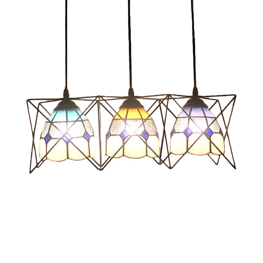 Kitchen Grid Bowl Pendant Light with Wire Frame Glass 3 Heads Tiffany Hanging Light - Clearhalo - 'Ceiling Lights' - 'Industrial' - 'Middle Century Pendants' - 'Pendant Lights' - 'Pendants' - 'Tiffany close to ceiling' - 'Tiffany Pendants' - 'Tiffany' - Lighting' - 184139