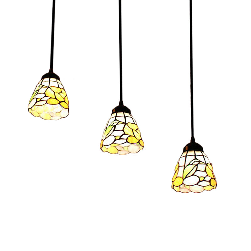 Baroque Cone Cluster Pendant Light Beige Stained Glass 3 Heads Hanging Light Kit for Living Room Clearhalo 'Ceiling Lights' 'Close To Ceiling Lights' 'Industrial' 'Middle Century Pendants' 'Pendant Lights' 'Pendants' 'Tiffany close to ceiling' 'Tiffany Pendants' 'Tiffany' Lighting' 184160
