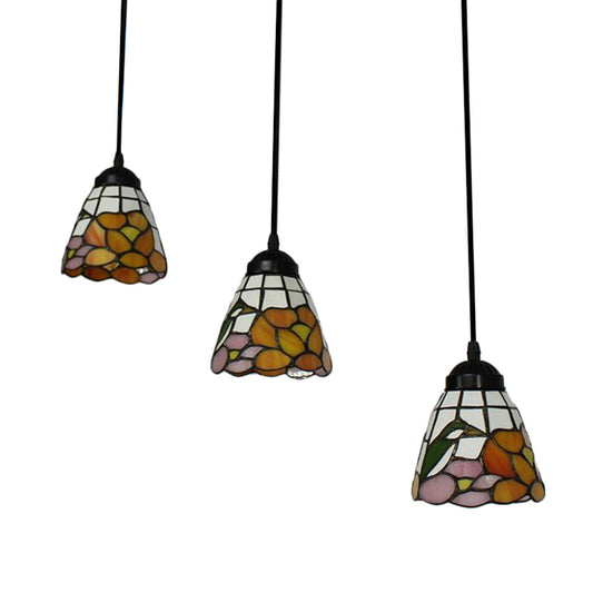 Baroque Cone Cluster Pendant Light Beige Stained Glass 3 Heads Hanging Light Kit for Living Room - Clearhalo - 'Ceiling Lights' - 'Close To Ceiling Lights' - 'Industrial' - 'Middle Century Pendants' - 'Pendant Lights' - 'Pendants' - 'Tiffany close to ceiling' - 'Tiffany Pendants' - 'Tiffany' - Lighting' - 184161