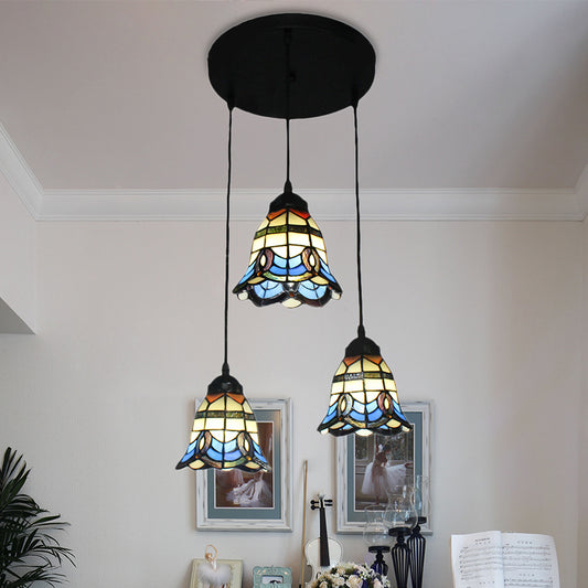Tiffany Victorian Style Hanging Light Bell Shade 3 Heads Stained Glass Pendant Light for Hotel in Blue Blue Round Clearhalo 'Ceiling Lights' 'Industrial' 'Middle Century Pendants' 'Pendant Lights' 'Pendants' 'Tiffany close to ceiling' 'Tiffany Pendants' 'Tiffany' Lighting' 184180