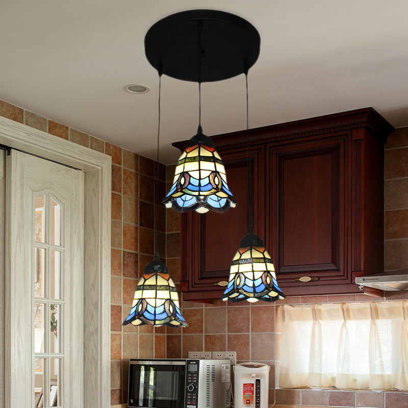 Tiffany Victorian Style Hanging Light Bell Shade 3 Heads Stained Glass Pendant Light for Hotel in Blue Clearhalo 'Ceiling Lights' 'Industrial' 'Middle Century Pendants' 'Pendant Lights' 'Pendants' 'Tiffany close to ceiling' 'Tiffany Pendants' 'Tiffany' Lighting' 184181