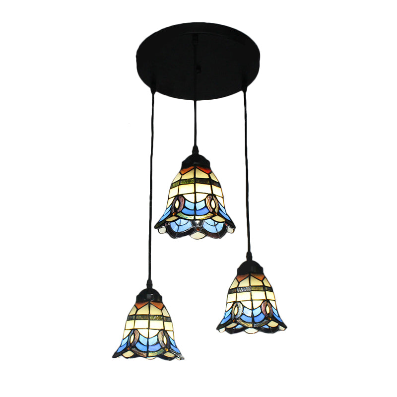Tiffany Victorian Style Hanging Light Bell Shade 3 Heads Stained Glass Pendant Light for Hotel in Blue Clearhalo 'Ceiling Lights' 'Industrial' 'Middle Century Pendants' 'Pendant Lights' 'Pendants' 'Tiffany close to ceiling' 'Tiffany Pendants' 'Tiffany' Lighting' 184182