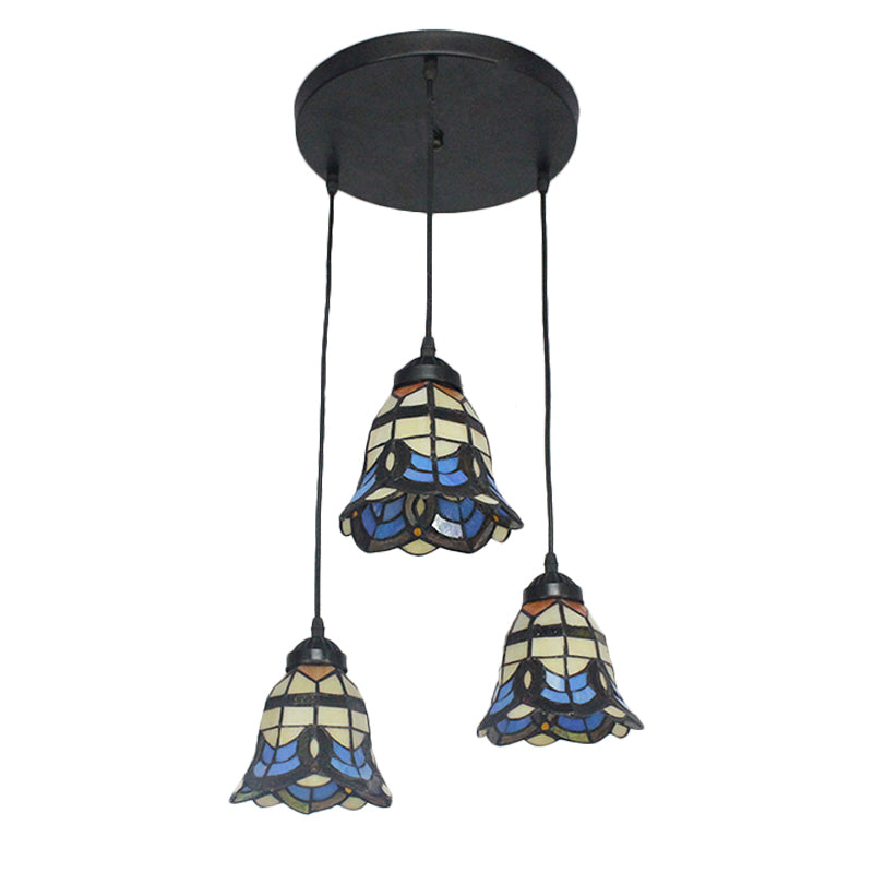 Tiffany Victorian Style Hanging Light Bell Shade 3 Heads Stained Glass Pendant Light for Hotel in Blue Clearhalo 'Ceiling Lights' 'Industrial' 'Middle Century Pendants' 'Pendant Lights' 'Pendants' 'Tiffany close to ceiling' 'Tiffany Pendants' 'Tiffany' Lighting' 184183