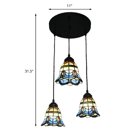 Tiffany Victorian Style Hanging Light Bell Shade 3 Heads Stained Glass Pendant Light for Hotel in Blue Clearhalo 'Ceiling Lights' 'Industrial' 'Middle Century Pendants' 'Pendant Lights' 'Pendants' 'Tiffany close to ceiling' 'Tiffany Pendants' 'Tiffany' Lighting' 184184