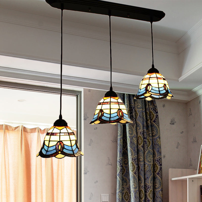 Tiffany Victorian Style Hanging Light Bell Shade 3 Heads Stained Glass Pendant Light for Hotel in Blue Blue Linear Clearhalo 'Ceiling Lights' 'Industrial' 'Middle Century Pendants' 'Pendant Lights' 'Pendants' 'Tiffany close to ceiling' 'Tiffany Pendants' 'Tiffany' Lighting' 184185