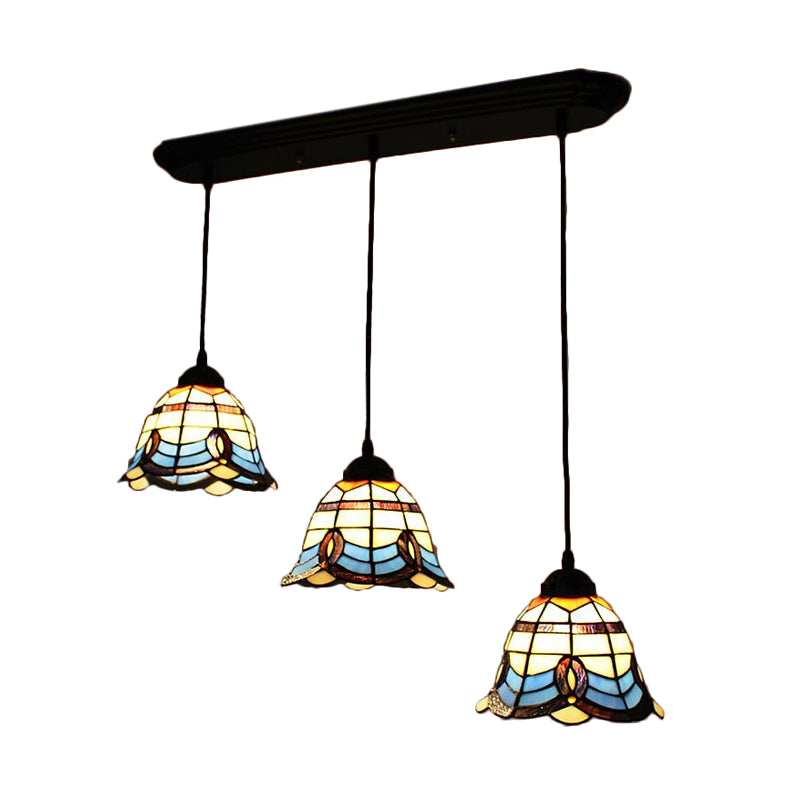 Tiffany Victorian Style Hanging Light Bell Shade 3 Heads Stained Glass Pendant Light for Hotel in Blue Clearhalo 'Ceiling Lights' 'Industrial' 'Middle Century Pendants' 'Pendant Lights' 'Pendants' 'Tiffany close to ceiling' 'Tiffany Pendants' 'Tiffany' Lighting' 184186
