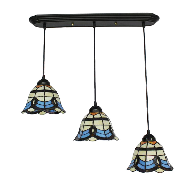 Tiffany Victorian Style Hanging Light Bell Shade 3 Heads Stained Glass Pendant Light for Hotel in Blue Clearhalo 'Ceiling Lights' 'Industrial' 'Middle Century Pendants' 'Pendant Lights' 'Pendants' 'Tiffany close to ceiling' 'Tiffany Pendants' 'Tiffany' Lighting' 184187