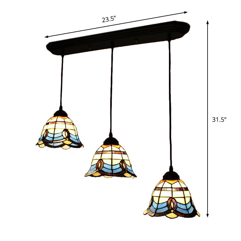 Tiffany Victorian Style Hanging Light Bell Shade 3 Heads Stained Glass Pendant Light for Hotel in Blue Clearhalo 'Ceiling Lights' 'Industrial' 'Middle Century Pendants' 'Pendant Lights' 'Pendants' 'Tiffany close to ceiling' 'Tiffany Pendants' 'Tiffany' Lighting' 184188