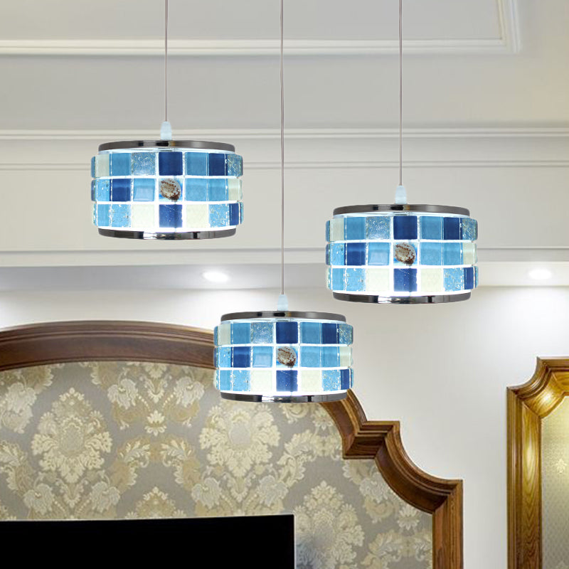 Mediterranean Drum Hanging Lamp 3 Lights Blue Crystal Ceiling Pendant Light with Mosaic Design, Round/Linear Canopy Blue Round Clearhalo 'Ceiling Lights' 'Close To Ceiling Lights' 'Industrial' 'Middle Century Pendants' 'Pendant Lights' 'Pendants' 'Tiffany close to ceiling' 'Tiffany Pendants' 'Tiffany' Lighting' 184207