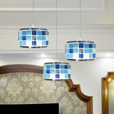 Mediterranean Drum Hanging Lamp 3 Lights Blue Crystal Ceiling Pendant Light with Mosaic Design, Round/Linear Canopy Blue Round Clearhalo 'Ceiling Lights' 'Close To Ceiling Lights' 'Industrial' 'Middle Century Pendants' 'Pendant Lights' 'Pendants' 'Tiffany close to ceiling' 'Tiffany Pendants' 'Tiffany' Lighting' 184207