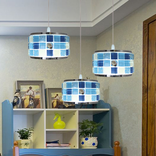 Mediterranean Drum Hanging Lamp 3 Lights Blue Crystal Ceiling Pendant Light with Mosaic Design, Round/Linear Canopy Clearhalo 'Ceiling Lights' 'Close To Ceiling Lights' 'Industrial' 'Middle Century Pendants' 'Pendant Lights' 'Pendants' 'Tiffany close to ceiling' 'Tiffany Pendants' 'Tiffany' Lighting' 184208