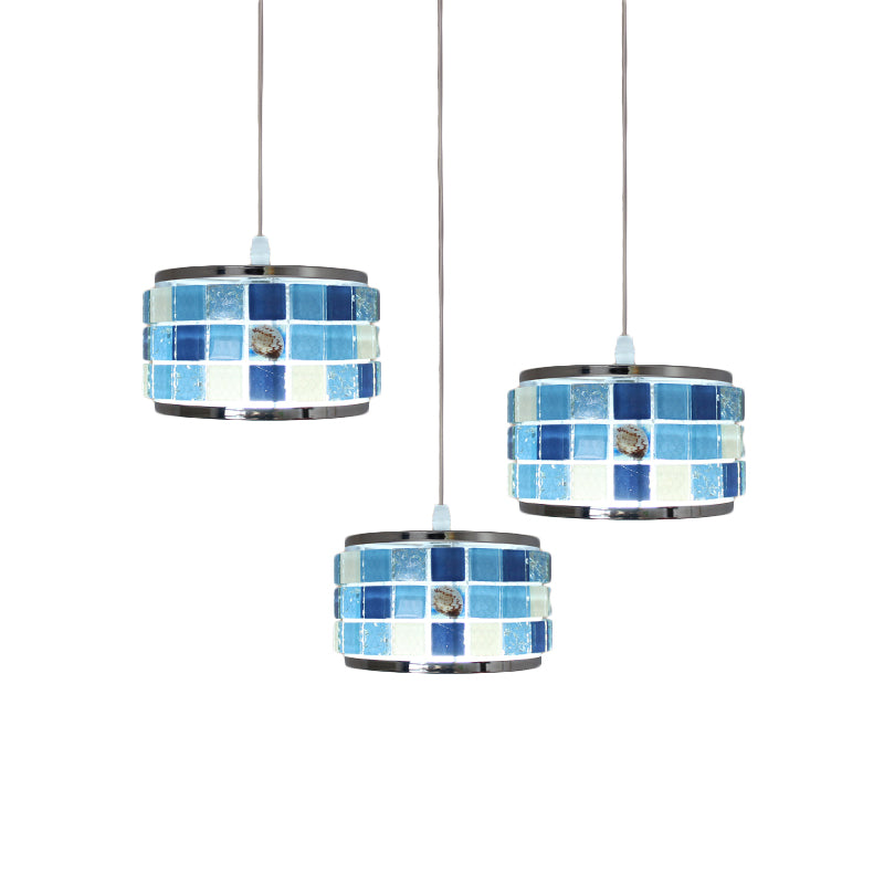 Mediterranean Drum Hanging Lamp 3 Lights Blue Crystal Ceiling Pendant Light with Mosaic Design, Round/Linear Canopy Clearhalo 'Ceiling Lights' 'Close To Ceiling Lights' 'Industrial' 'Middle Century Pendants' 'Pendant Lights' 'Pendants' 'Tiffany close to ceiling' 'Tiffany Pendants' 'Tiffany' Lighting' 184209