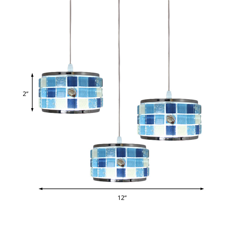 Mediterranean Drum Hanging Lamp 3 Lights Blue Crystal Ceiling Pendant Light with Mosaic Design, Round/Linear Canopy Clearhalo 'Ceiling Lights' 'Close To Ceiling Lights' 'Industrial' 'Middle Century Pendants' 'Pendant Lights' 'Pendants' 'Tiffany close to ceiling' 'Tiffany Pendants' 'Tiffany' Lighting' 184210