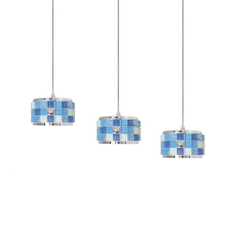 Mediterranean Drum Hanging Lamp 3 Lights Blue Crystal Ceiling Pendant Light with Mosaic Design, Round/Linear Canopy Clearhalo 'Ceiling Lights' 'Close To Ceiling Lights' 'Industrial' 'Middle Century Pendants' 'Pendant Lights' 'Pendants' 'Tiffany close to ceiling' 'Tiffany Pendants' 'Tiffany' Lighting' 184212