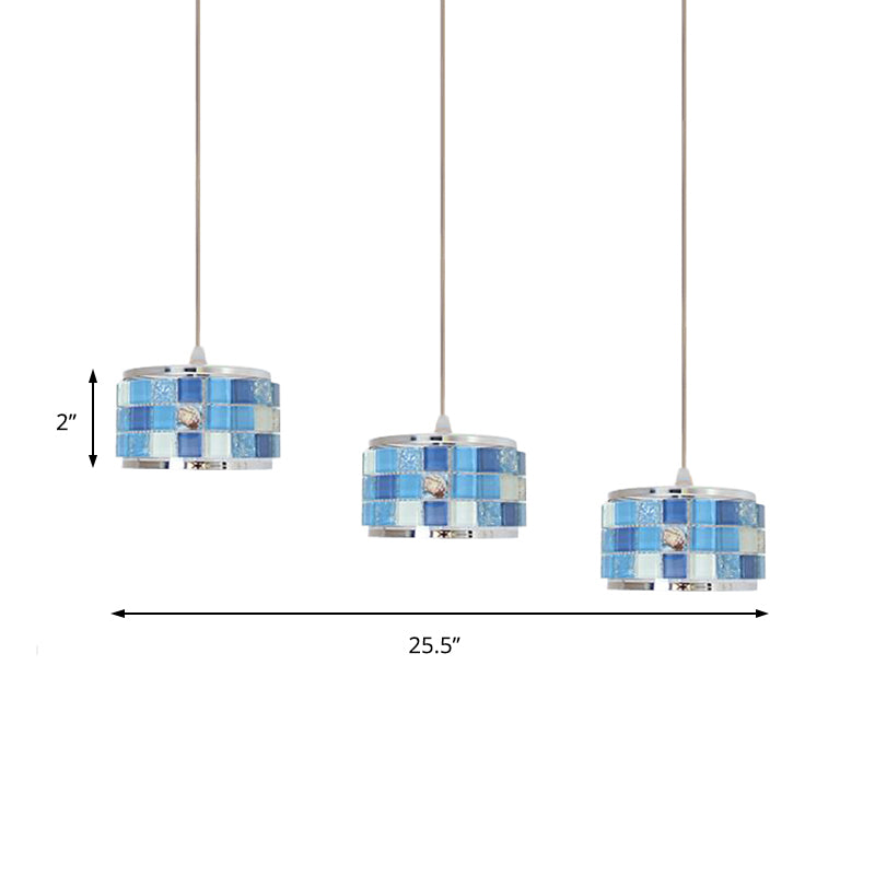 Mediterranean Drum Hanging Lamp 3 Lights Blue Crystal Ceiling Pendant Light with Mosaic Design, Round/Linear Canopy Clearhalo 'Ceiling Lights' 'Close To Ceiling Lights' 'Industrial' 'Middle Century Pendants' 'Pendant Lights' 'Pendants' 'Tiffany close to ceiling' 'Tiffany Pendants' 'Tiffany' Lighting' 184213