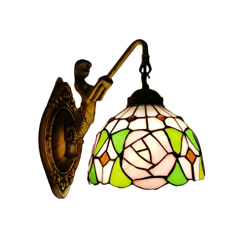 Tiffany 1 Head Wall Mount Light Pink/Green-Pink Bowl Sconce Light with Stained Glass Shade and Mermaid Backplate Clearhalo 'Industrial' 'Middle century wall lights' 'Tiffany wall lights' 'Tiffany' 'Wall Lamps & Sconces' 'Wall Lights' Lighting' 184266