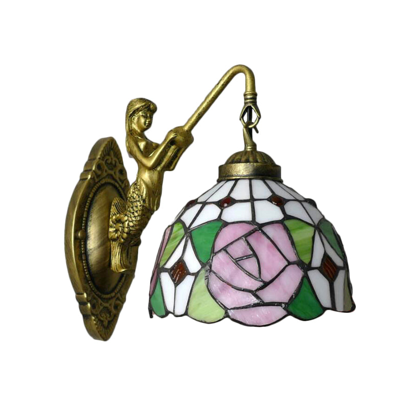 Tiffany 1 Head Wall Mount Light Pink/Green-Pink Bowl Sconce Light with Stained Glass Shade and Mermaid Backplate Clearhalo 'Industrial' 'Middle century wall lights' 'Tiffany wall lights' 'Tiffany' 'Wall Lamps & Sconces' 'Wall Lights' Lighting' 184267