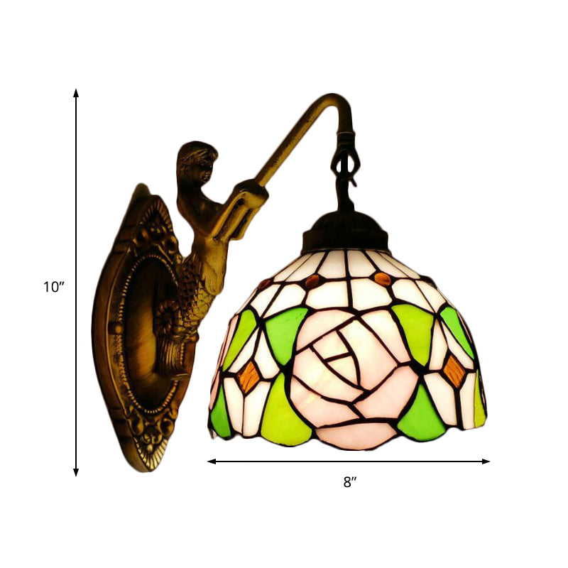 Tiffany 1 Head Wall Mount Light Pink/Green-Pink Bowl Sconce Light with Stained Glass Shade and Mermaid Backplate Clearhalo 'Industrial' 'Middle century wall lights' 'Tiffany wall lights' 'Tiffany' 'Wall Lamps & Sconces' 'Wall Lights' Lighting' 184268