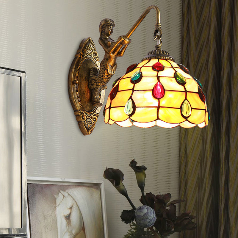 Beaded Sconce Light Fixture Tiffany Beige Glass 1 Head Brass Wall Mount Light with Mermaid Backplate Beige Clearhalo 'Industrial' 'Middle century wall lights' 'Tiffany wall lights' 'Tiffany' 'Wall Lamps & Sconces' 'Wall Lights' Lighting' 184279
