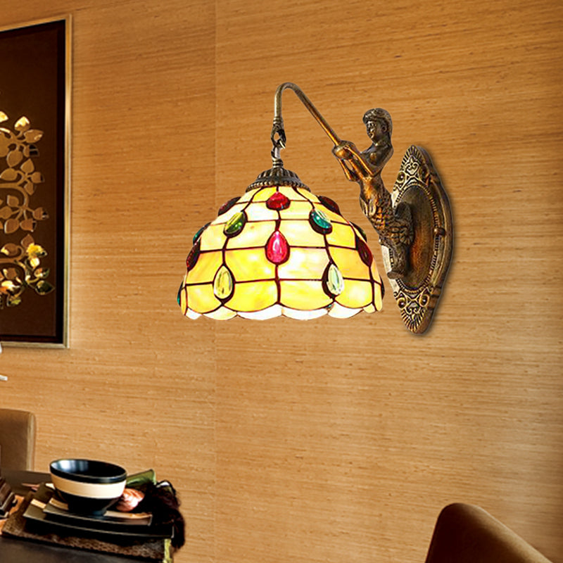 Beaded Sconce Light Fixture Tiffany Beige Glass 1 Head Brass Wall Mount Light with Mermaid Backplate Clearhalo 'Industrial' 'Middle century wall lights' 'Tiffany wall lights' 'Tiffany' 'Wall Lamps & Sconces' 'Wall Lights' Lighting' 184280