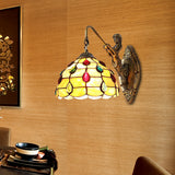 Beaded Sconce Light Fixture Tiffany Beige Glass 1 Head Brass Wall Mount Light with Mermaid Backplate Clearhalo 'Industrial' 'Middle century wall lights' 'Tiffany wall lights' 'Tiffany' 'Wall Lamps & Sconces' 'Wall Lights' Lighting' 184280