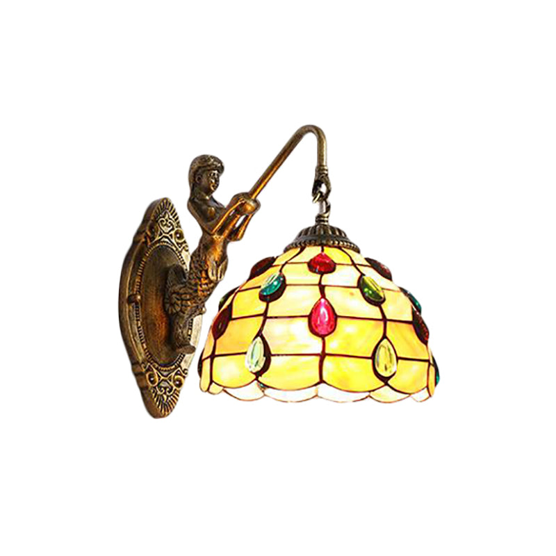 Beaded Sconce Light Fixture Tiffany Beige Glass 1 Head Brass Wall Mount Light with Mermaid Backplate Clearhalo 'Industrial' 'Middle century wall lights' 'Tiffany wall lights' 'Tiffany' 'Wall Lamps & Sconces' 'Wall Lights' Lighting' 184281