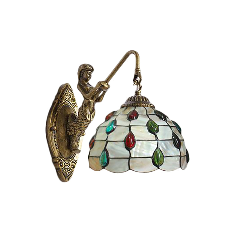 Beaded Sconce Light Fixture Tiffany Beige Glass 1 Head Brass Wall Mount Light with Mermaid Backplate Clearhalo 'Industrial' 'Middle century wall lights' 'Tiffany wall lights' 'Tiffany' 'Wall Lamps & Sconces' 'Wall Lights' Lighting' 184282