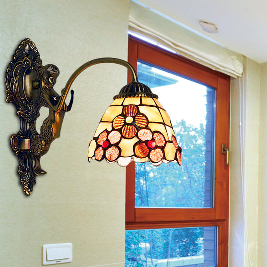 Floral Sconce Light Fixture Tiffany Beige Glass 1 Head Bedroom Wall Mount Lighting Clearhalo 'Industrial' 'Middle century wall lights' 'Tiffany wall lights' 'Tiffany' 'Wall Lamps & Sconces' 'Wall Lights' Lighting' 184293