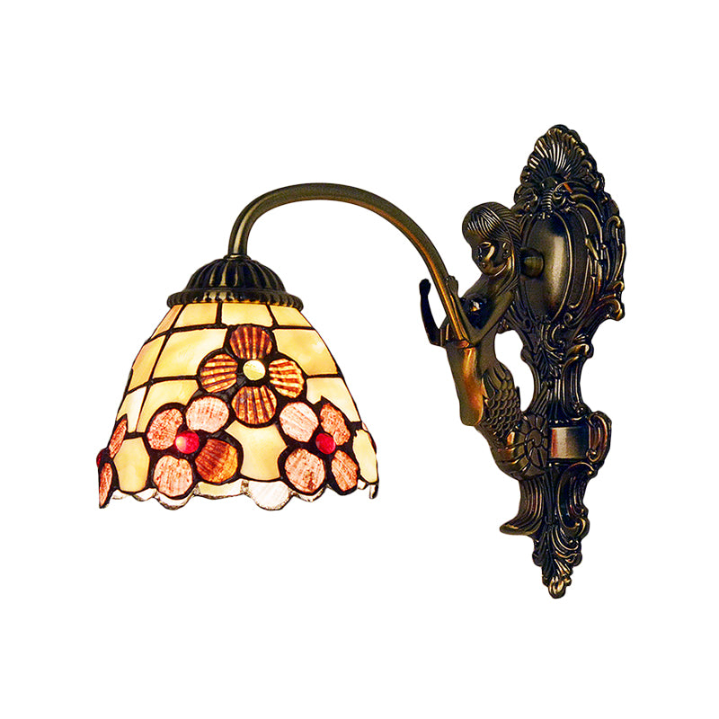 Floral Sconce Light Fixture Tiffany Beige Glass 1 Head Bedroom Wall Mount Lighting Clearhalo 'Industrial' 'Middle century wall lights' 'Tiffany wall lights' 'Tiffany' 'Wall Lamps & Sconces' 'Wall Lights' Lighting' 184294