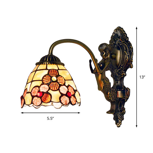 Floral Sconce Light Fixture Tiffany Beige Glass 1 Head Bedroom Wall Mount Lighting Clearhalo 'Industrial' 'Middle century wall lights' 'Tiffany wall lights' 'Tiffany' 'Wall Lamps & Sconces' 'Wall Lights' Lighting' 184295