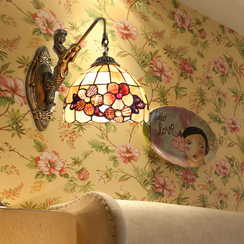 Victorian Dome Sconce Light Beige Glass 1 Head Bedside Wall Mount Light with Flower Pattern Clearhalo 'Industrial' 'Middle century wall lights' 'Tiffany wall lights' 'Tiffany' 'Wall Lamps & Sconces' 'Wall Lights' Lighting' 184301