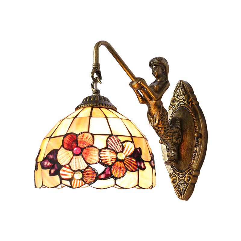 Victorian Dome Sconce Light Beige Glass 1 Head Bedside Wall Mount Light with Flower Pattern Clearhalo 'Industrial' 'Middle century wall lights' 'Tiffany wall lights' 'Tiffany' 'Wall Lamps & Sconces' 'Wall Lights' Lighting' 184302