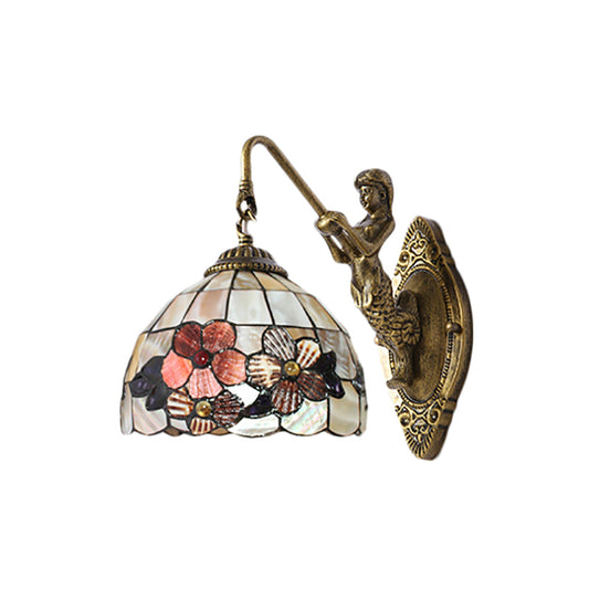 Victorian Dome Sconce Light Beige Glass 1 Head Bedside Wall Mount Light with Flower Pattern Clearhalo 'Industrial' 'Middle century wall lights' 'Tiffany wall lights' 'Tiffany' 'Wall Lamps & Sconces' 'Wall Lights' Lighting' 184303
