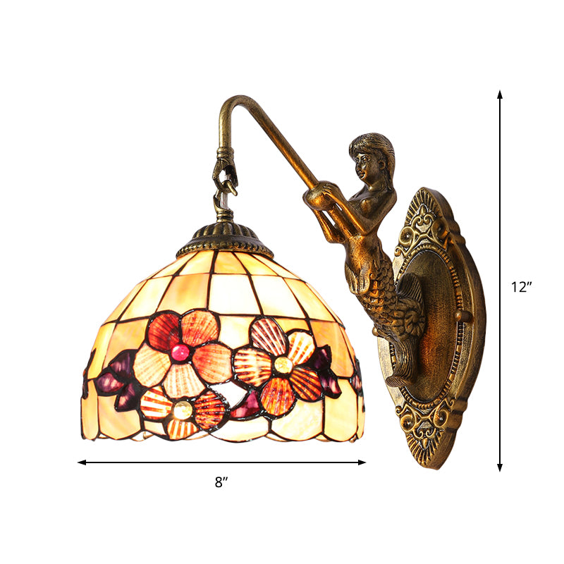 Victorian Dome Sconce Light Beige Glass 1 Head Bedside Wall Mount Light with Flower Pattern Clearhalo 'Industrial' 'Middle century wall lights' 'Tiffany wall lights' 'Tiffany' 'Wall Lamps & Sconces' 'Wall Lights' Lighting' 184304