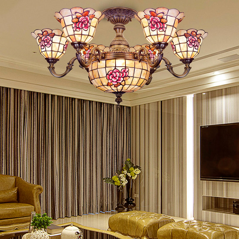 Shell Bell Shade Chandelier Tiffany Exquisite Pendant Light in Beige for Villa Clearhalo 'Ceiling Lights' 'Chandeliers' 'Close To Ceiling Lights' 'Close to ceiling' 'Semi-flushmount' 'Tiffany close to ceiling' 'Tiffany' Lighting' 184327