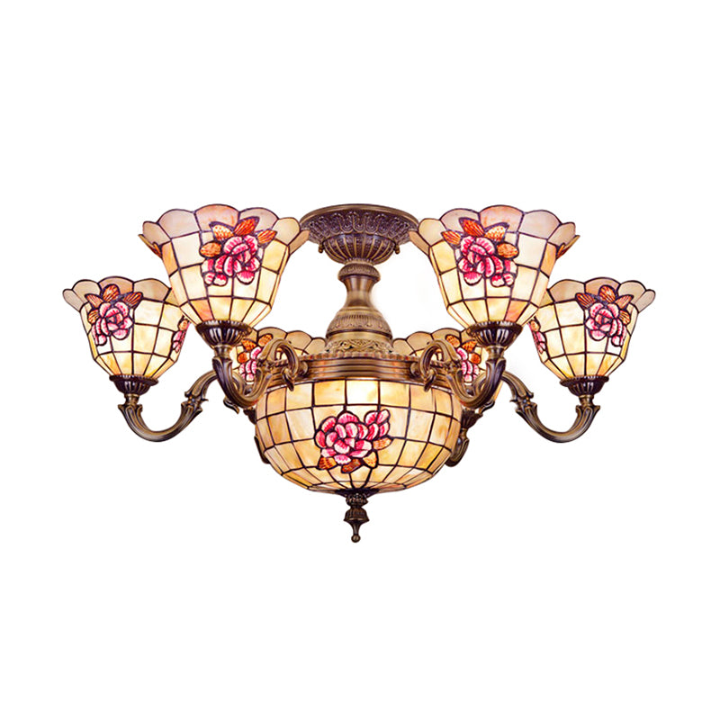 Shell Bell Shade Chandelier Tiffany Exquisite Pendant Light in Beige for Villa Clearhalo 'Ceiling Lights' 'Chandeliers' 'Close To Ceiling Lights' 'Close to ceiling' 'Semi-flushmount' 'Tiffany close to ceiling' 'Tiffany' Lighting' 184328